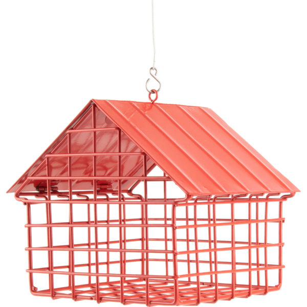 czerwony karmnik dla ptaków z siatki metalowej